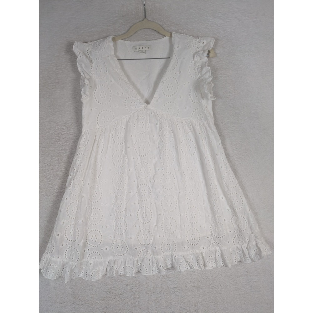 Hyfve Babydoll Dress Women's Small White Eyelet Ruffle V-Neck